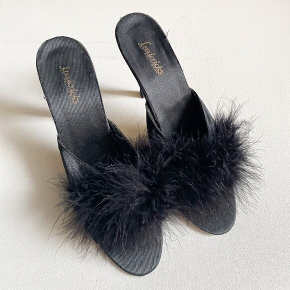 Vintage Fredric's Of Hollywood Black Satin Feather Accent  Bedroom Heels 9 - Picture 1 of 11